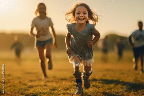 Smiling little girl with prosthetic leg running on field with her friends. photo