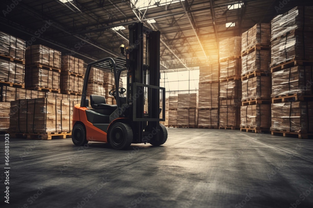 Forklift loads pallets and boxes in a warehouse using advanced technology. Generative AI - obrazy, fototapety, plakaty 