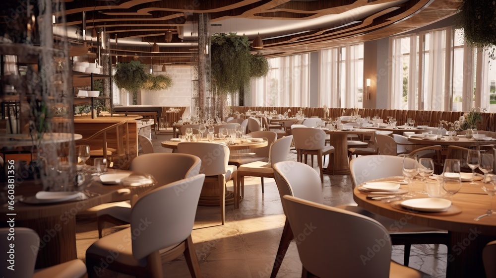 Interior of cozy restaurant. Contemporary design, in the upper room, light penetrates through glass walls, modern dining place and bar counter, copy space