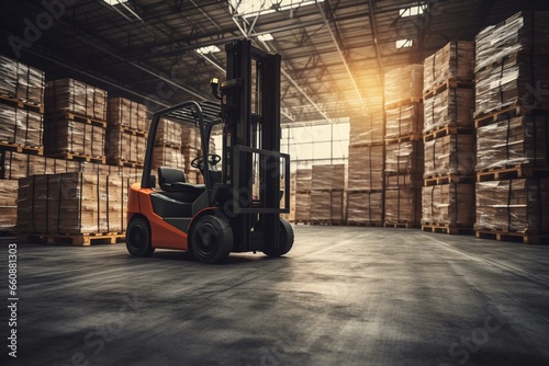 Forklift loads pallets and boxes in a warehouse using advanced technology. Generative AI