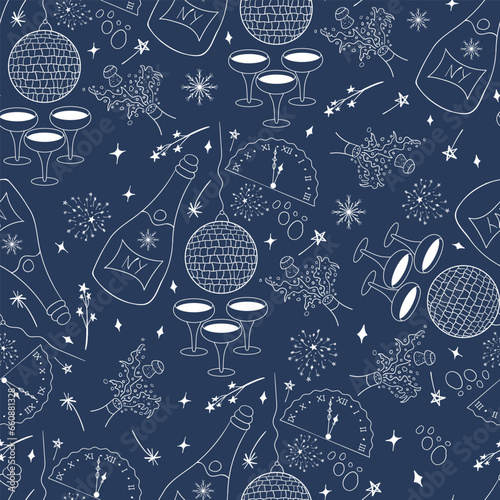 Seamless pattern with New Year s clipart. Hand drawn New Year s chimes, disco ball, champagne bottleneck with foamy splashes and a flying cork, champagne bottle with label and snowflake, glasses.