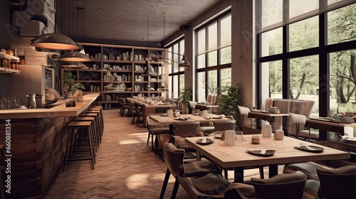 Interior of cozy restaurant. Contemporary design  in the upper room  light penetrates through glass walls  modern dining place and bar counter  copy space
