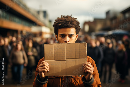 Man standing with demonstration poster in front of the people crowd. Black lives matters (BLM), human right, refugees concept. Blank brown cardboard poster with copy space. Generative AI photo