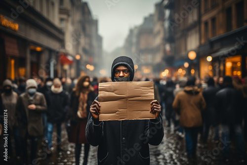 Man standing with demonstration poster in front of the people crowd. Black lives matters (BLM), human right, refugees concept. Blank brown cardboard poster with copy space. Generative AI