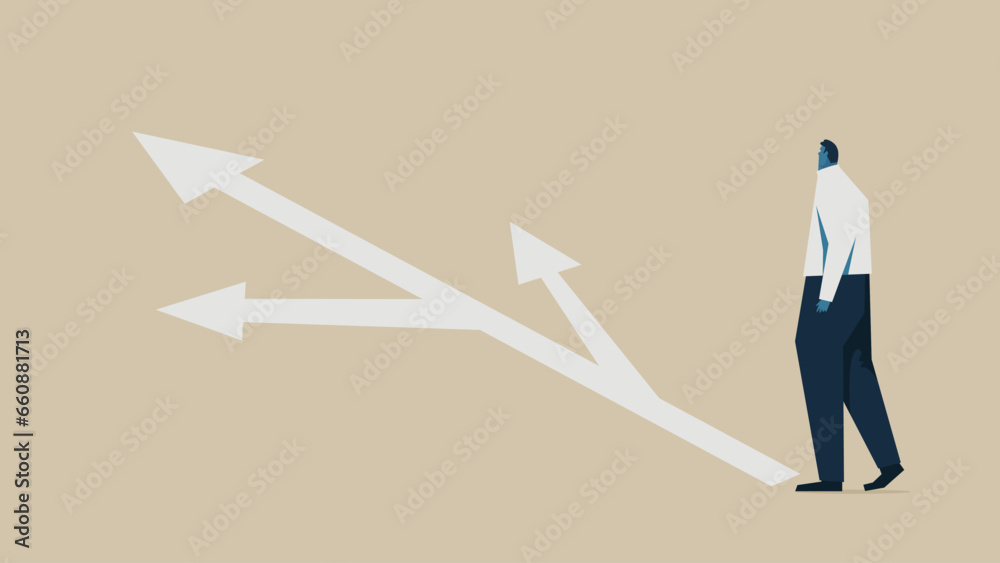 Obraz premium An office worker who decides the direction. His path is branched by multiple arrows.