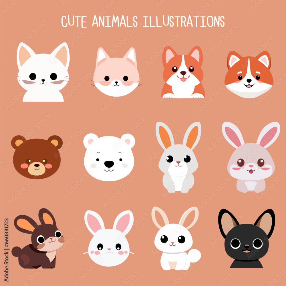 Cute animals wildlife character vector illustrations dog cay puppy bunny rabbit fluffy bear design for kids 