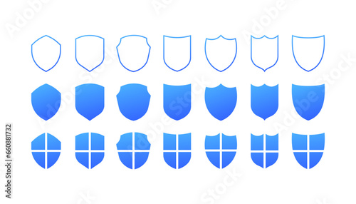 Shield icons. Flat, blue, set of shields, internet protection. Vector icons