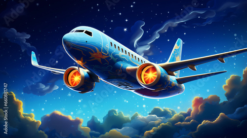 Cartoon airplane in night sky