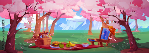 Picnic in spring sakura park cartoon background. Pink cherry flower blossom tree above food basket, blanket and chair. Outdoor public Hanami party in forest with snack, fruit and sandwich on mat.