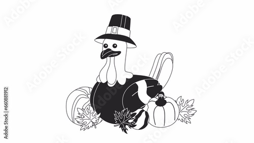 Thanksgiving pilgrim turkey in pumpkins fall bw 2D character animation. Harvest outline cartoon 4K video, alpha channel. Wearing hat capotain poultry fowl animated animal isolated on white background photo