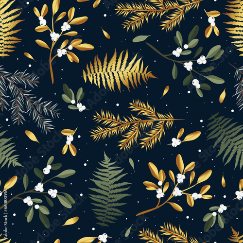 Merry Christmas, Happy New Year seamless pattern with gold  branches, leaves and berries for greeting cards, wrapping papers. Seamless winter pattern. Vector illustration.