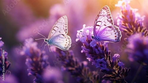 Amazing beautiful colorful natural scenery. Lavender flowers and two butterfly in rays of summer sunlight in spring outdoors on nature macro, soft focus. © Zahid