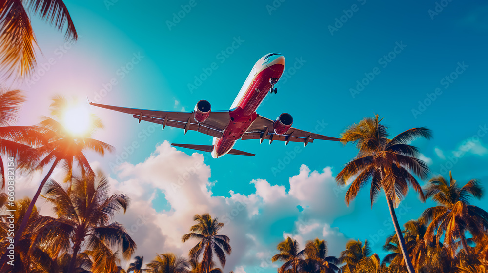 Naklejka premium A airplane aircraft is flying above palm trees and clouds. Bottom view.