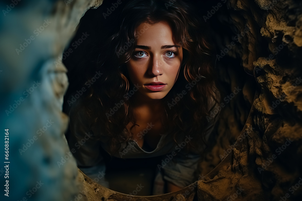 A young woman with a sense of dread in a bomb shelter.