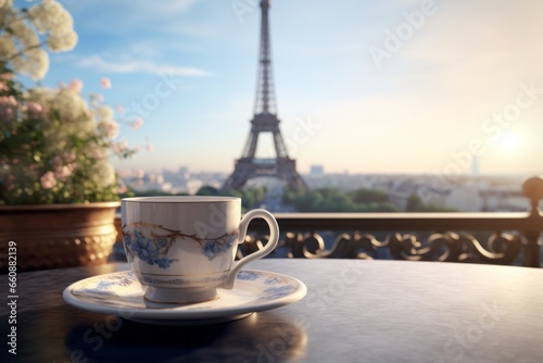 Morning in Paris. A cup of tea or coffee is on the table on the balcony overlooking the Eiffel Tower
