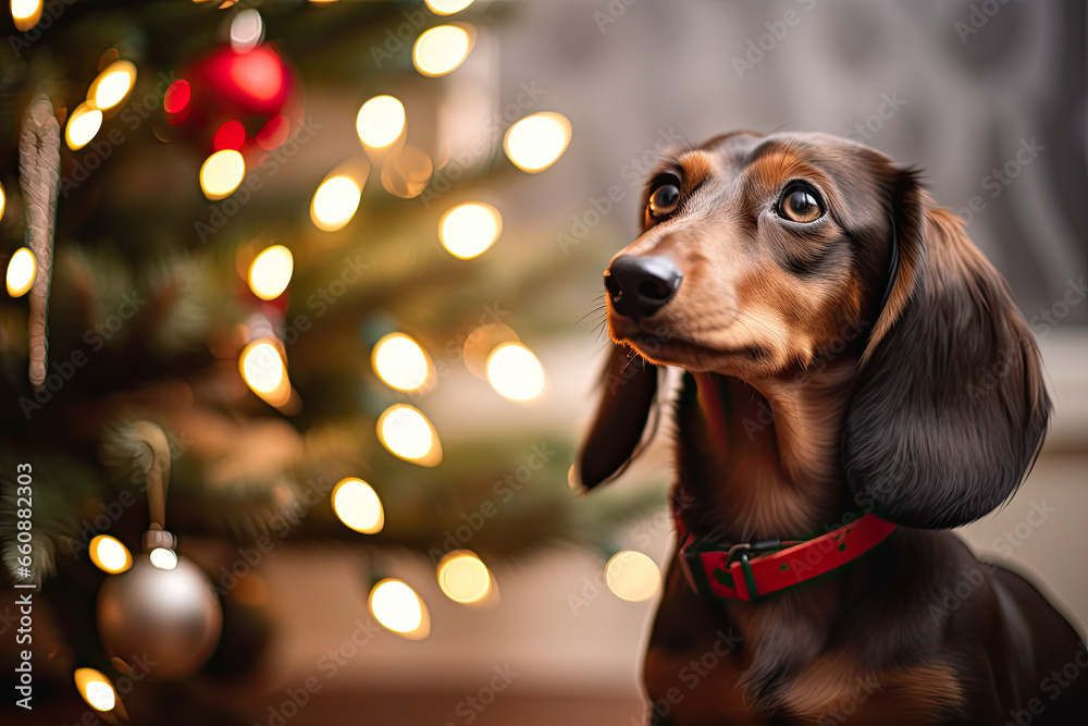 dachshund dog  sitting in front of Christmas tree