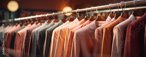 Men's suits, jackets and shirts on hangers in a store photo