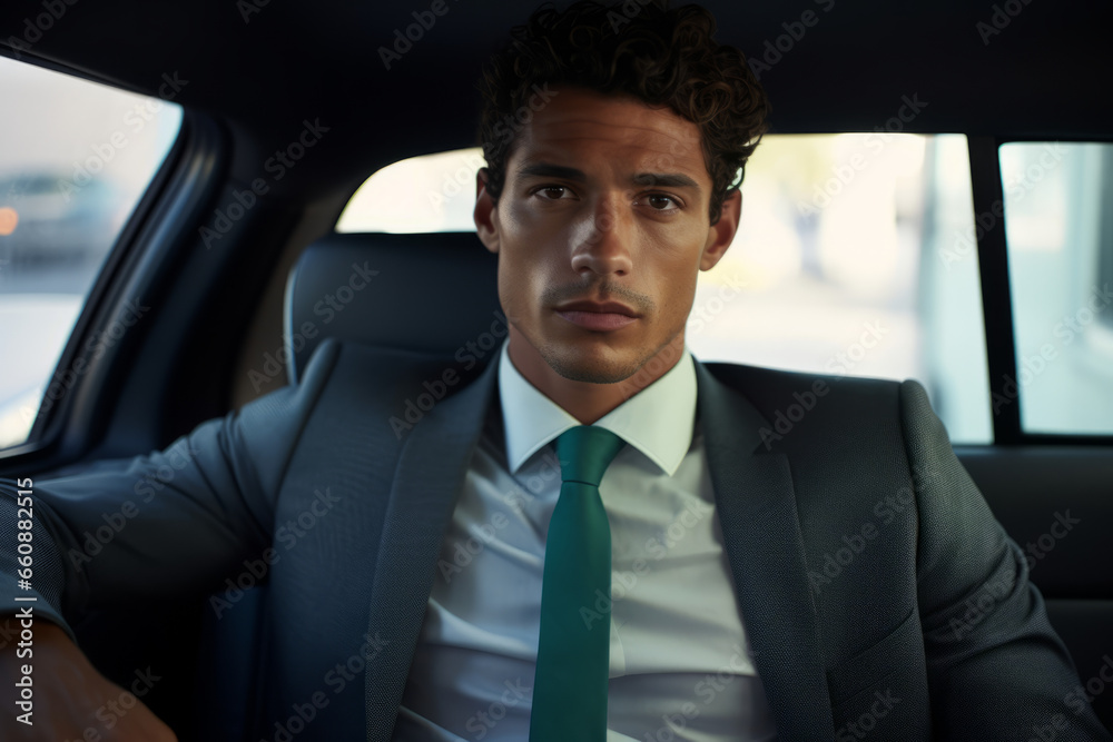 Good looking young businessman sitting in the back of a car looking confident and professional