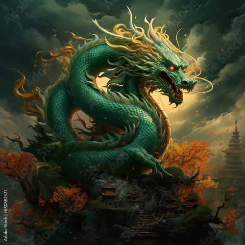Fairy Green Chinese Dragon Chinese New Year 2024 background, Year of the Green Dragon © Amir