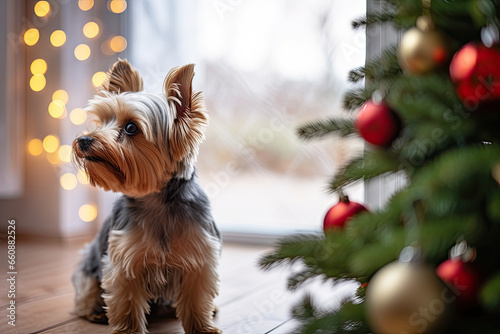 yorkshire terrier sitting in front of christmas tree
