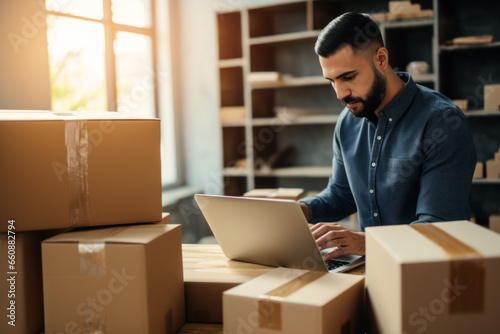 Online salesperson packing boxes for dispatch to customers, online seller working from home photo