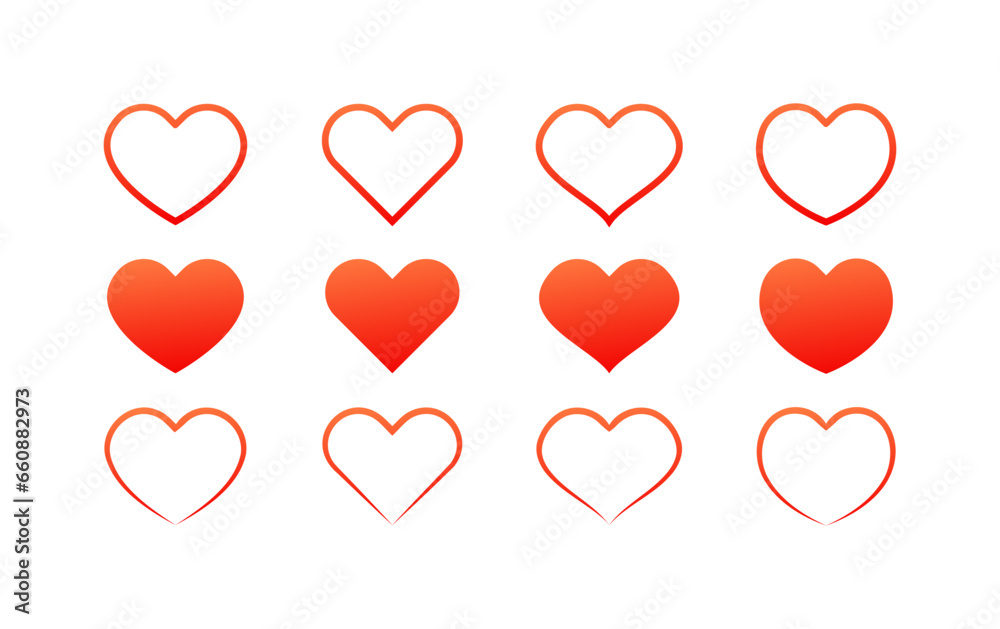 Heart icons. Flat, red, set of hearts, red heart icons. Vector icons