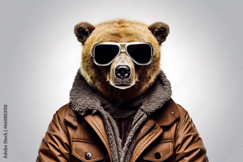 Bear head wearing sunglasses on the human body of a man wearing winter clothes. Bear head wearing sunglasses on the human body of a man wearing winter clothes.