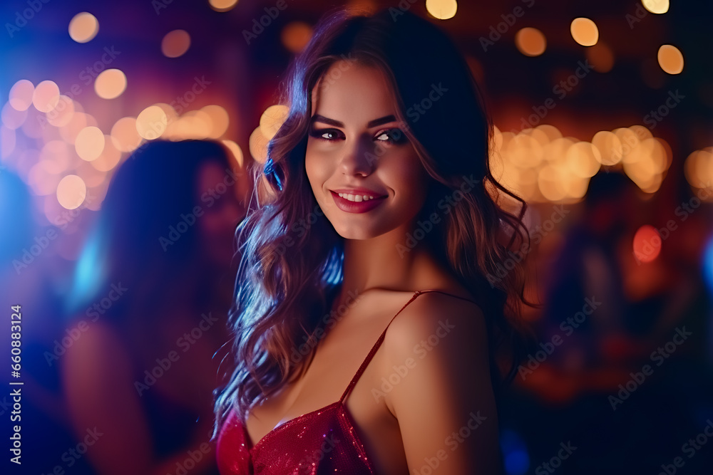 Young woman smiling in a bright nightclub.