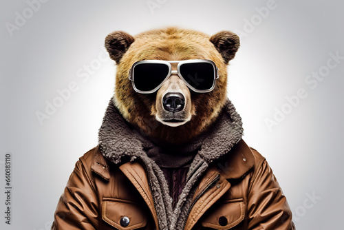 Bear head wearing sunglasses on the human body of a man wearing winter clothes.