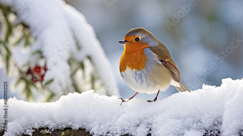 robin on a branch, winter scene 