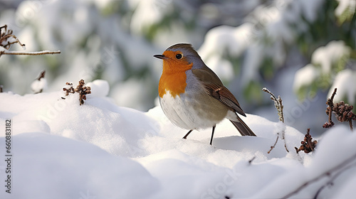 robin on a branch, winter scene 
