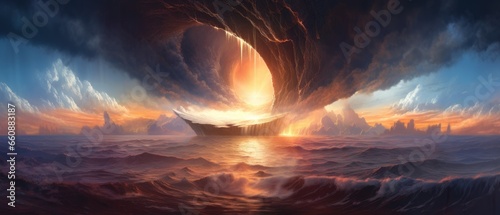 At the edge of the world before the last sunset a gigantic fiery portal rift to another ethereal world starts to open over the ocean in the clouds. 