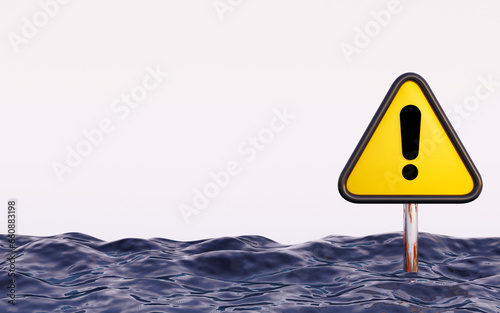 3D rendering of exclamation sign standing in flood water, warning sign, water damage flooding risk, Disaster concept