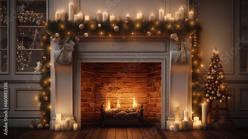 Festive garlands and twinkling lights hanging from a fireplace mantle.