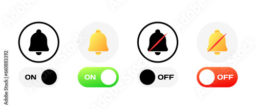 Turn notifications on or off. Different styles, colors, enable notifications, disable notifications, bell icons. Vector icons
