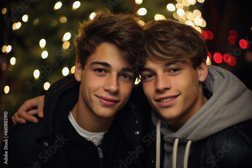 Handsome teenage brothers at Christmas