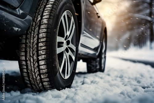 Close up of car tires in winter on the road covered with snow. Winter tire.