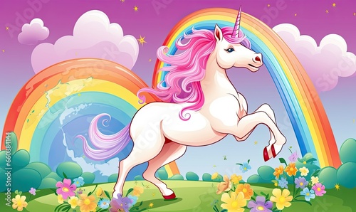 Photo of a majestic unicorn in a vibrant field with a stunning rainbow backdrop