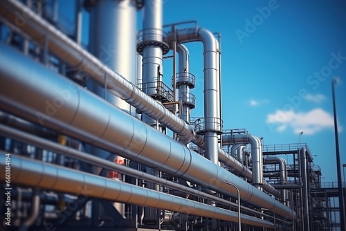 Industrial zone area. Pipeline and pipe rack of petroleum, chemical, hydrogen industrial plant.