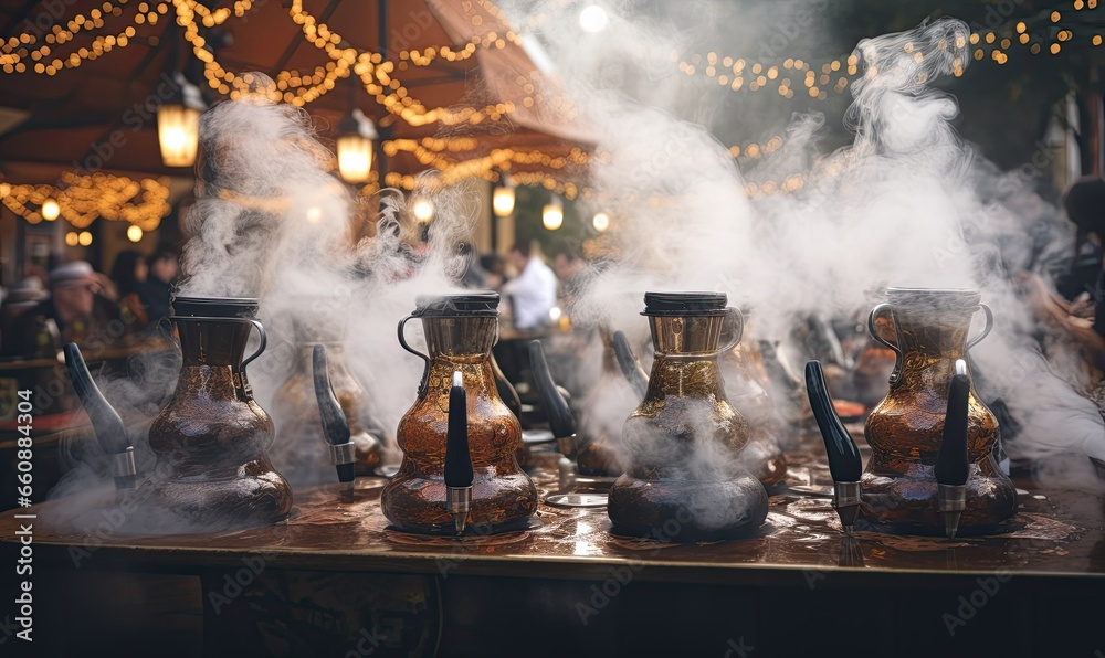 Photo of various kettles steaming in a kitchen