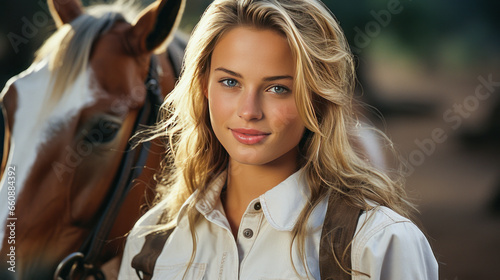 Intense young horse trainer holding reins confidently at stable, embodying strength and dedication.