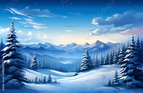 Snowy hills and fir trees under the winter sky