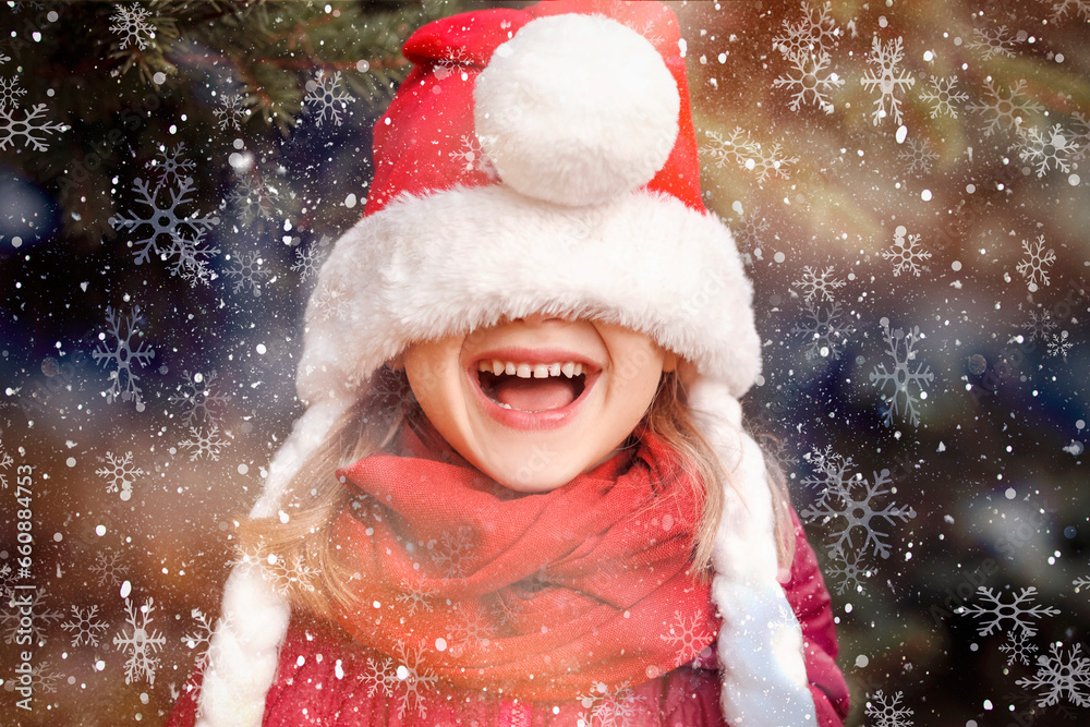 Christmas Child in Santa Hat Having Fun Smiling in xmas Background. Happy Emotions Surprised Face. Christmas Holiday concept. Christmas Child in Santa Hat Having Fun Smiling in xmas Background. Happy Emotions Surprised Face. Christmas Holiday concept.