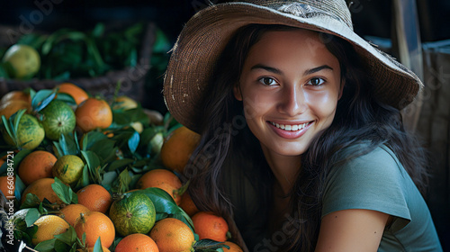 Vibrant portrait of a young fruit vendor in traditional Southeast Asian market.