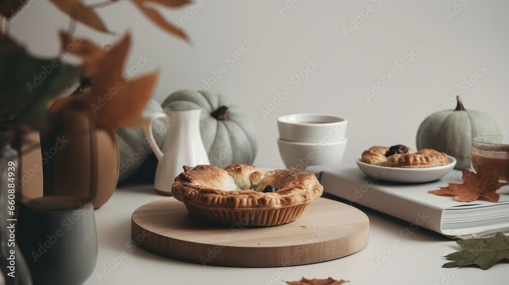 Fototapeta premium Fall vibe apple pie in a cottage kitchen desk with autumnal decor 