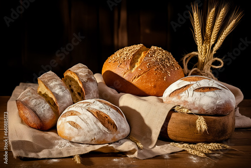Different types of bread made from wheat flour.