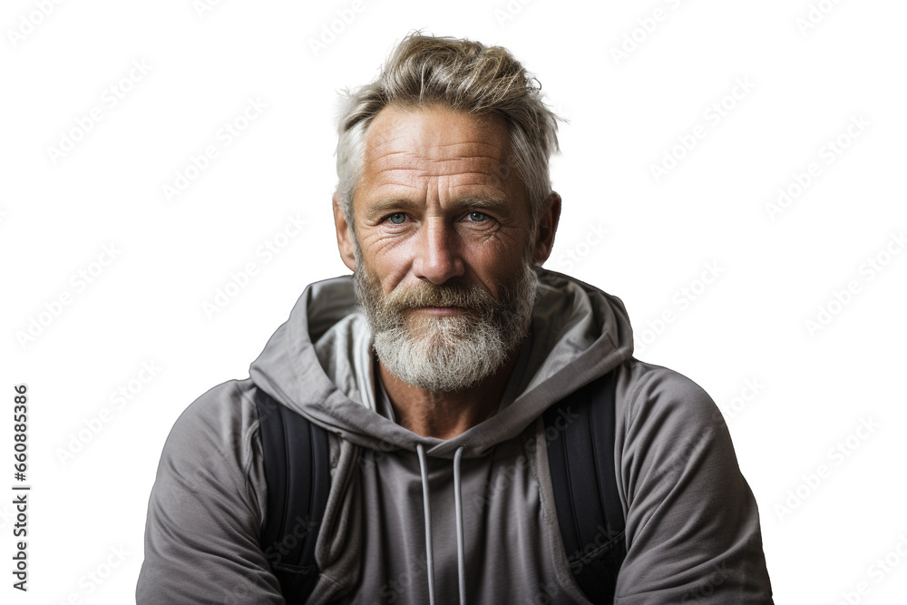 Mature man portrait with tracksuit and hood, png. Mature man portrait with tracksuit and hood, png.