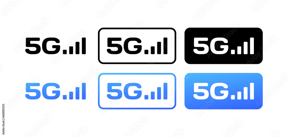 5G communication sticks icons. Different styles, 5G perfect connection indicator, 5G icons. Vector icons