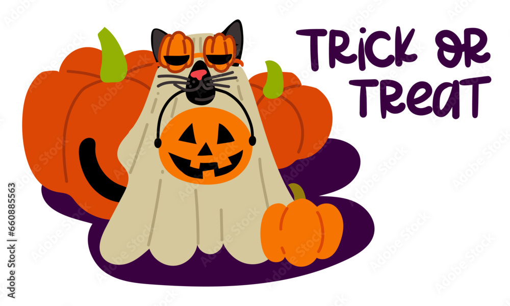 A postcard with the inscription Trick or treat. A black cat in a sheet and glasses with pumpkins, a basket for Halloween sweets on a background of pumpkins. Flat vector illustration on white. text A postcard with the inscription Trick or treat. A black cat in a sheet and glasses with pumpkins, a basket for Halloween sweets on a background of pumpkins. Flat vector illustration on white. text