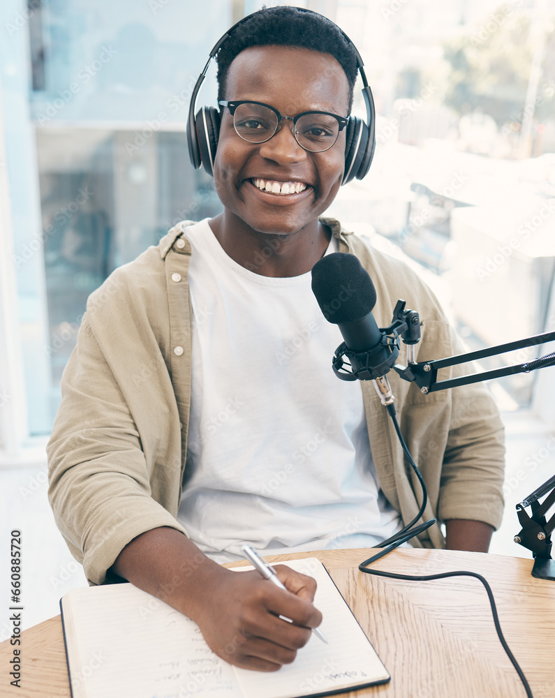Portrait, podcast and black man with a notebook, microphone and smile with news broadcasting. Face, African person and radio presenter with tech, share information and writing with content creator - obrazy, fototapety, plakaty 